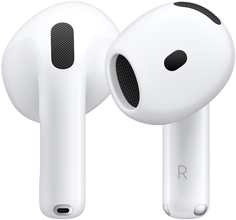 baksiden av venstre AirPod, fremsiden av høyre AirPod, AirPod-stilken har bokstaven R på seg for å vise at den passer til høyre øre