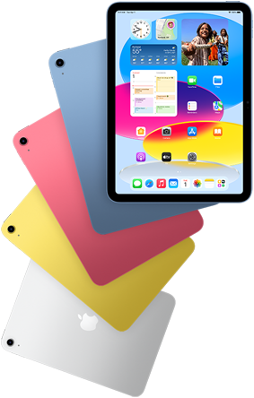 Forsiden av iPad som viser Hjem-skjermen, bak er fire iPad-modeller sett bakfra i blå, rosa, gul og sølv
