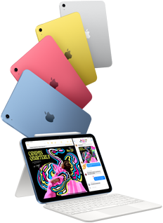 iPad i blå, rosa, gul og sølv, og iPad festet til Magic Keyboard Folio med Apple Pencil
