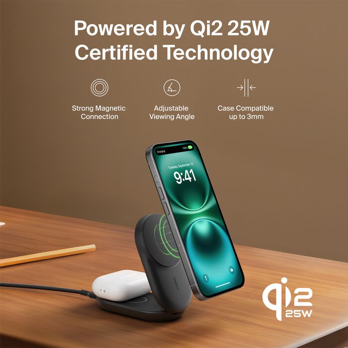 Belkin 25W UltraCharge Qi2 2-i-1 Trådløs lader - Svart