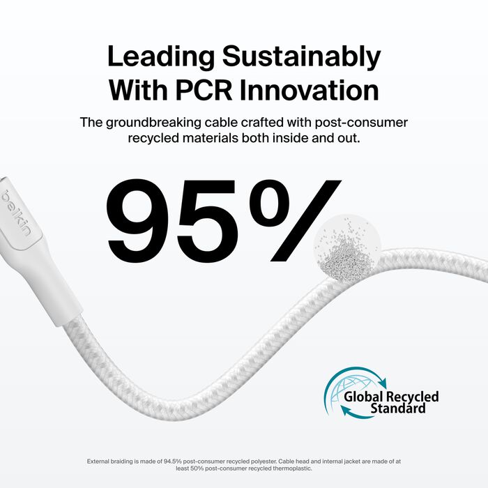 Belkin USB-C til USB-C 240W Flettet PCR Ladekabel 1m - Hvit