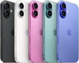 iPhone 16, baksiden, hevet avansert dobbelt kamerasystem, Apple-logo i midten, alle fem finisher, svart, hvit, rosa, blågrønn, ultramarin